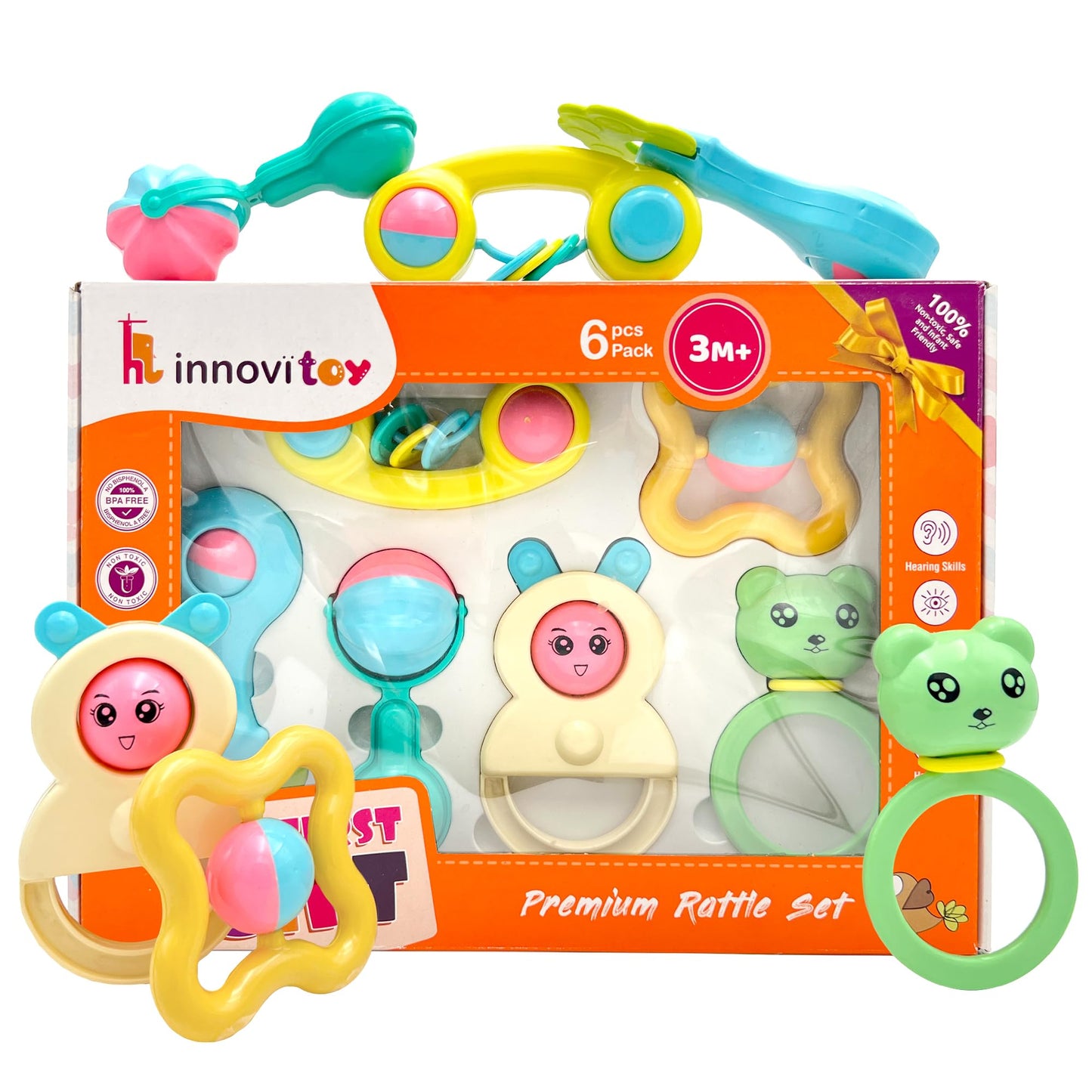 6 Pcs Rattle Set Toys with Teether for New Born, Babies and Infants Safe Non Toxic Premium Quality Baby Shower Gift Set