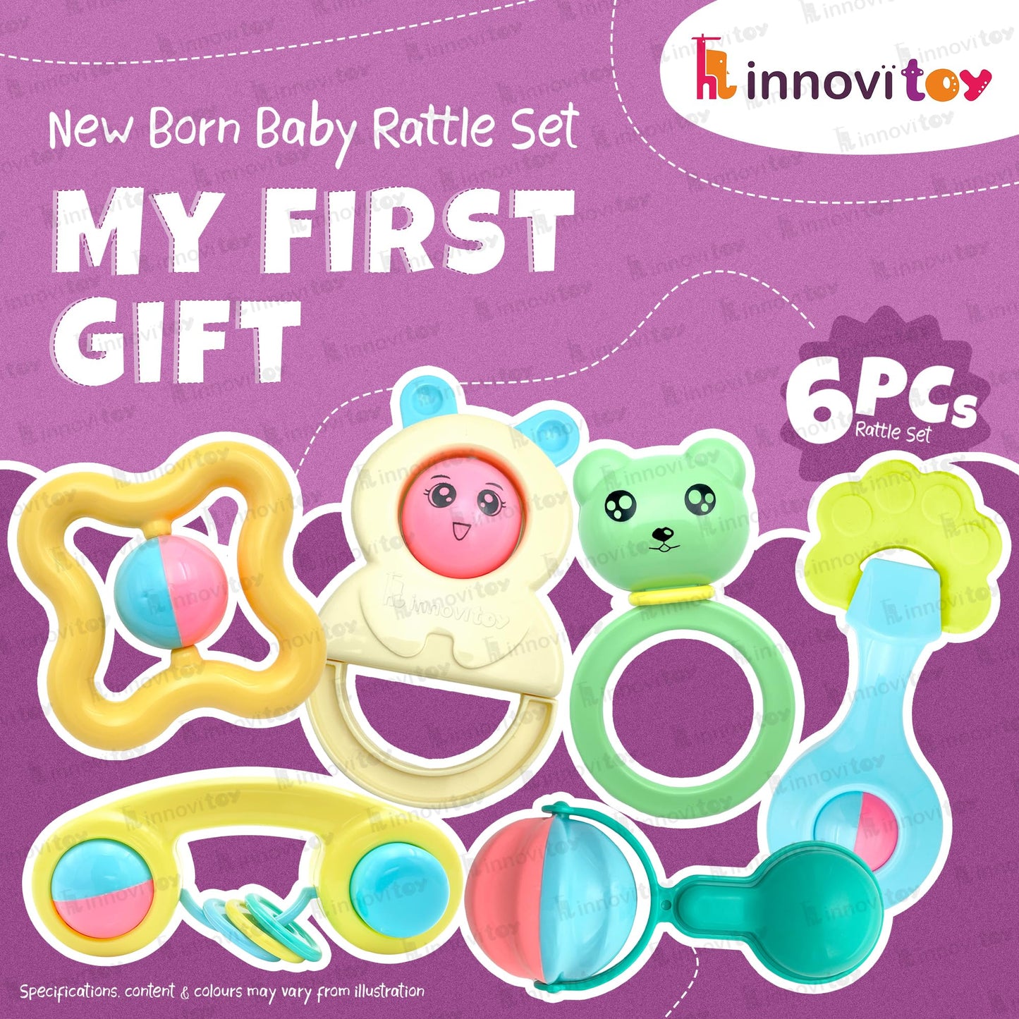 6 Pcs Rattle Set Toys with Teether for New Born, Babies and Infants Safe Non Toxic Premium Quality Baby Shower Gift Set