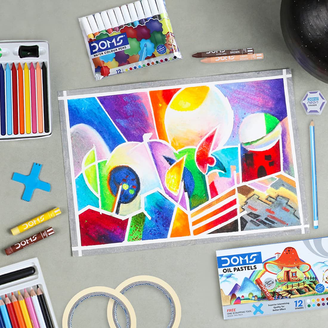 Doms Art Strokes Kit | Perfect Value Pack | Kit for Creative Minds | Gifting Range for Kids | Combination of 10 Stationery Items | Pack of 1