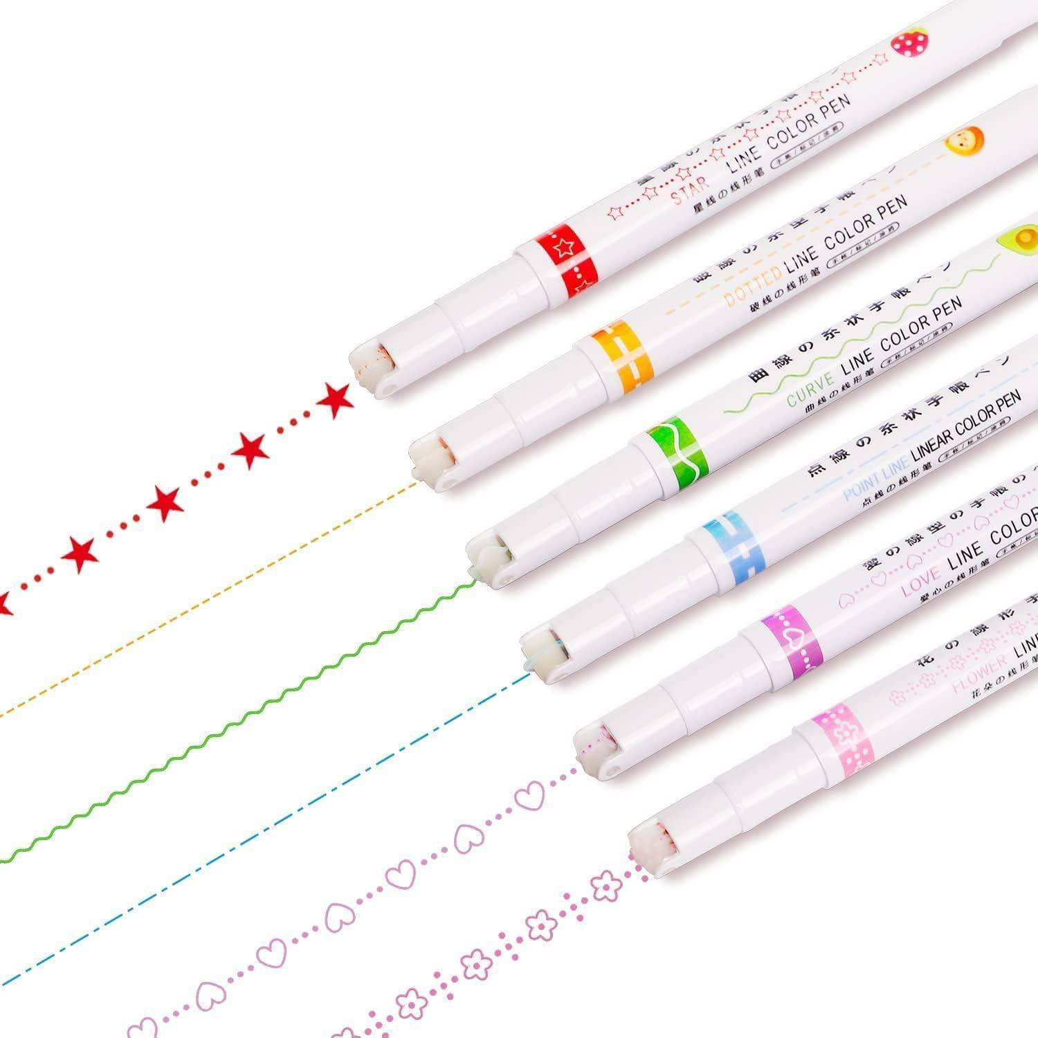 Linear Roller Color Pens Highlighters with 6 Different Curve Shapes (Set of 6) - BulkBy