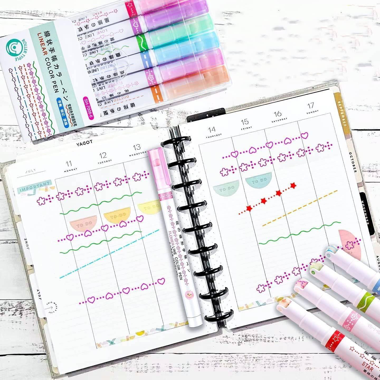 Linear Roller Color Pens Highlighters with 6 Different Curve Shapes (Set of 6) - BulkBy