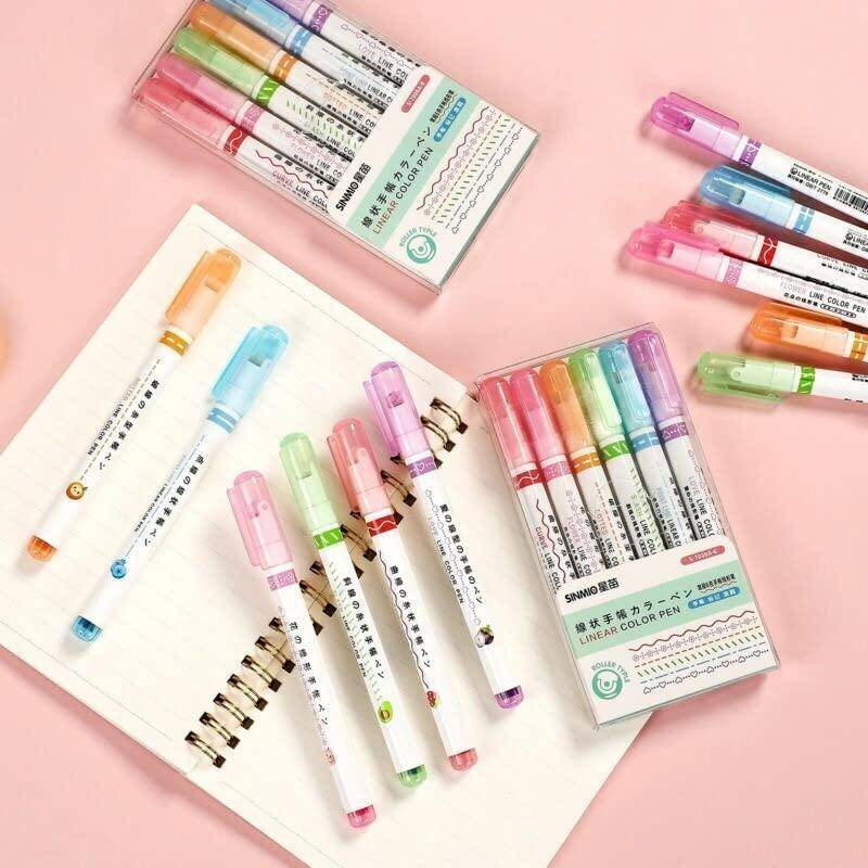 Linear Roller Color Pens Highlighters with 6 Different Curve Shapes (Set of 6) - BulkBy