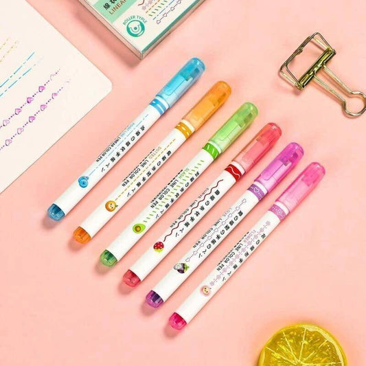Linear Roller Color Pens Highlighters with 6 Different Curve Shapes (Set of 6) - BulkBy