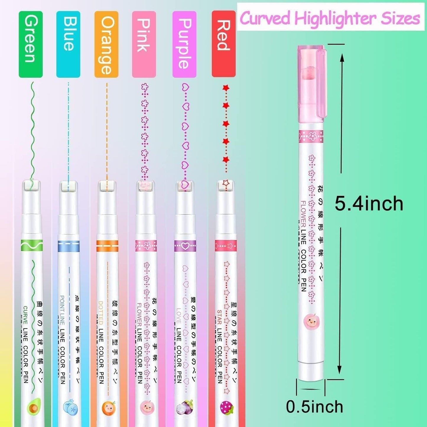 Linear Roller Color Pens Highlighters with 6 Different Curve Shapes (Set of 6) - BulkBy