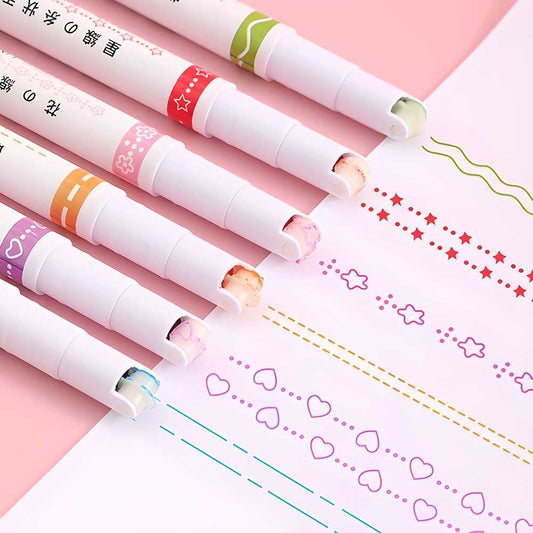 Linear Roller Color Pens Highlighters with 6 Different Curve Shapes (Set of 6) - BulkBy